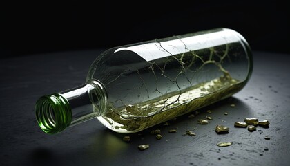 Fototapeta premium A cracked glass bottle filled with murky liquid, lying on a black table, suggesting the desperate measures taken to survive in a chaotic environment, Generative AI