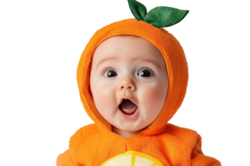 PNG Image of a baby children with funny surprise expression dressed a orange fruit