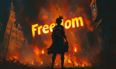 A lone figure stands in a fiery city, seeking freedom.