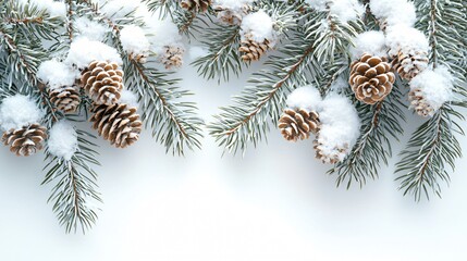 Naklejka premium Snow-covered pine branches create a serene holiday atmosphere, perfect for Christmas cards, seasonal marketing, or winter-themed decorations.