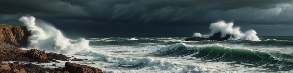 Fototapeta premium A rocky coastline battered by relentless waves during a storm, with dramatic lighting and a moody atmosphere reflecting nature's fury, Generative AI
