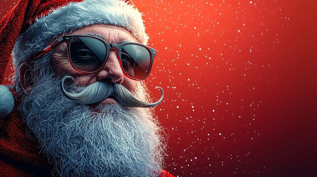 Playful pop art Santa Claus with sunglasses against a vibrant red background, perfect for modern Christmas cards, party invitations, and holiday marketing.
