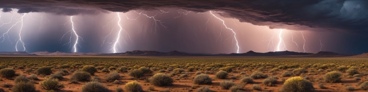 A high desert landscape under a fierce thunderstorm, with dramatic lightning illuminating the arid land and rain-soaked earth, Generative AI