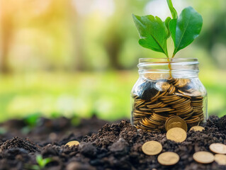 Growing money plant with coins in glass jar on soil.