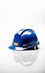 Fototapeta premium A sturdy construction hard hat in bright blue on a white background. Essential safety gear for any building site. AI generated.