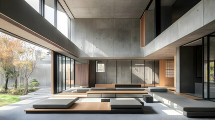 Fototapeta premium Modern Concrete Home Interior Design with Japanese Inspired Features - Minimalist Living Room