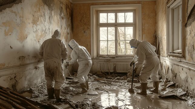 Workers in protective suits scrubbing mud from walls, scattered debris on the floor, bright floodwater reflections, light filtering through broken windows