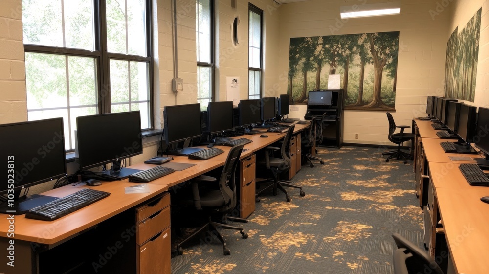 Poster computer lab with multiple desktops and monitors, organized high-tech workspace, ready for use