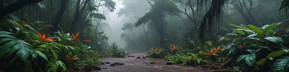 A misty rainforest during a torrential rainstorm, with water cascading down leaves and creating a vibrant yet chaotic scene filled with energy, Generative AI