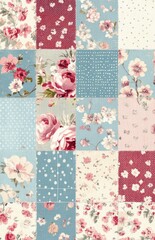 Charming patchwork design featuring floral patterns and polka dots in soft pastel colors, perfect for vintage decor.