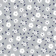 Seamless pattern with white flowers on grey background. Hand drawn floral pattern for your fabric, summer background, wallpaper, backdrop, textile. Vector illustration