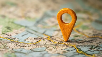 Wooden location marker on colorful map