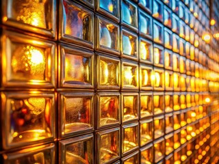 The close-up of a glass block wall shines with warm golden light, offering a captivating interior design element full of inviting textures and cozy ambiance.