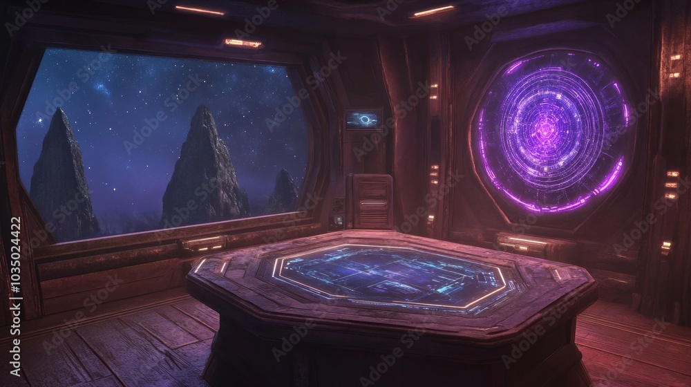 Poster futuristic command center with advanced technology and control panels, science fiction setting