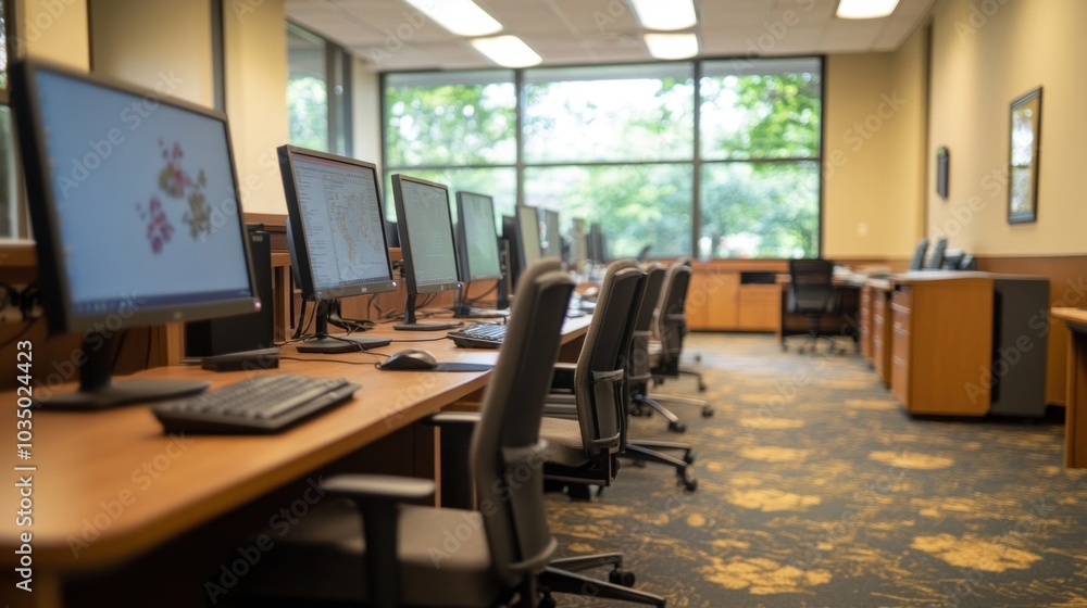 Poster high-tech computer lab with multiple desktops and monitors, modern and orderly workspace, technology