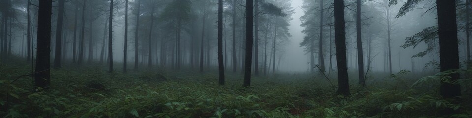 Naklejka premium A dense forest shrouded in heavy fog, with raindrops cascading from leaves and the sound of thunder echoing ominously in the distance, creating an eerie atmosphere, Generative AI