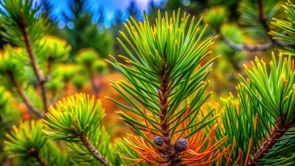 The close-up of pine tree needles and bark showcases nature's stunning textures and rich colors, highlighting the beauty and complexity inherent in each element.