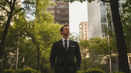 Businessman in suit amidst urban cityscape, professional metropolitan environment