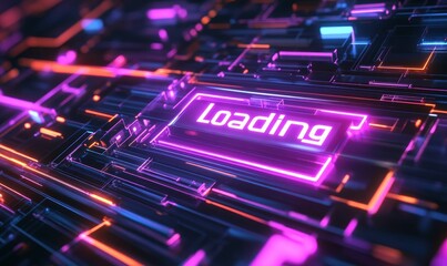Neon sign on glowing circuit board.