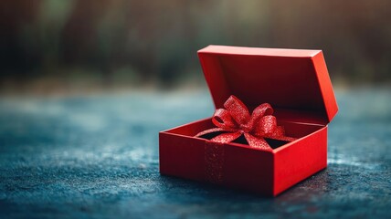 Small open red gift box with glittery ribbon on dark, blurred background
