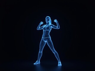 hologram illustration of a female gymnast posing on a dark background with bright blue particles creating a futuristic atmosphere.