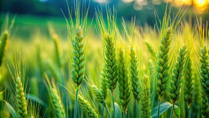 The close-up reveals vibrant green wheat ears set against a softly blurred green field, showcasing the beauty of a thriving agricultural environment in nature.