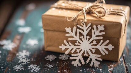 Brown gift box with white snowflake decoration on rustic table, and dusting of snowflakes