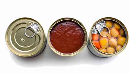 Canned Food  Top View  Tomato Sauce  Vegetables  Beans  Food Storage  White Background