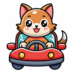 Fototapeta premium Adorable cartoon fox driving a red car, perfect for playful, transportation, or children's designs.