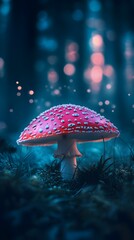 A red mushroom with white spots in the forest, with teal and purple lighting, and a grassy ground