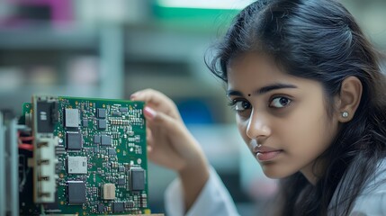 Young Woman Examining a Circuit Board in a Lab