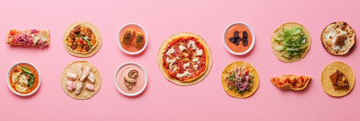 A vibrant assortment of street food items, including tacos and pizza, beautifully arranged in geometric order against a pink background. Generative AI