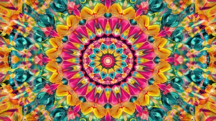 Vivid, symmetrical mandala pattern with vibrant colors and intricate floral design