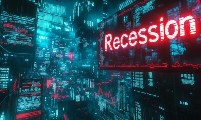 Cyberpunk city with "Recession" sign.