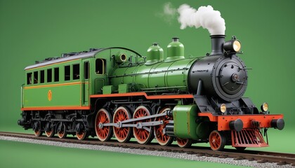 Naklejka premium A charming 3D model of a vintage steam locomotive set against a vibrant green screen, suitable for historical documentaries and railway presentations, Generative AI