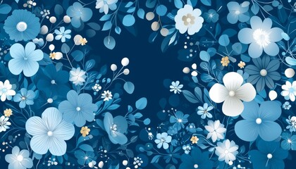 A serene floral design featuring various blue and white flowers against a deep blue background, creating a calming and harmonious atmosphere.