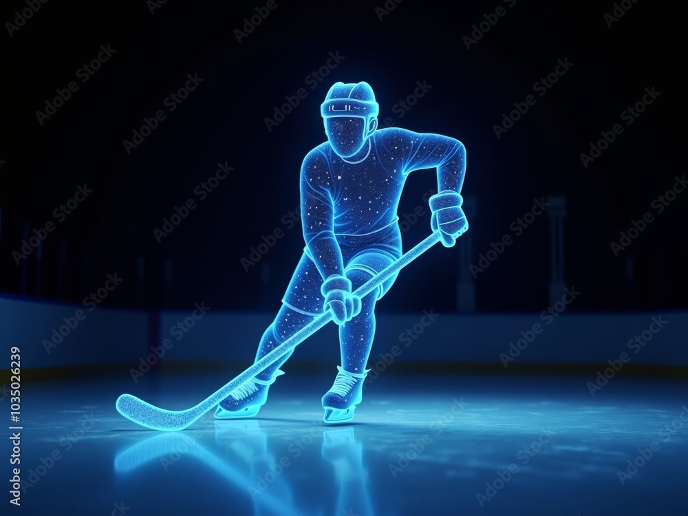 Wall mural futuristic holographic ice hockey player in mid-action on an ice rink, illuminated by glowing blue l