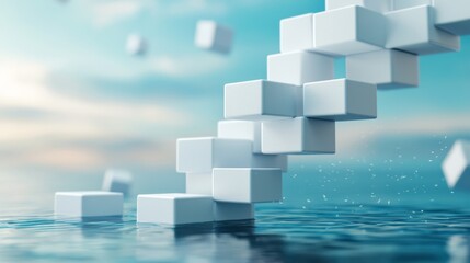 A serene composition featuring white cubes ascending over tranquil water, creating a sense of peace and imagination.
