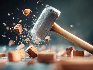 A mallet striking a block, creating flying debris, captures the power and precision of manual labor and destruction in a dynamic, action-packed scene.