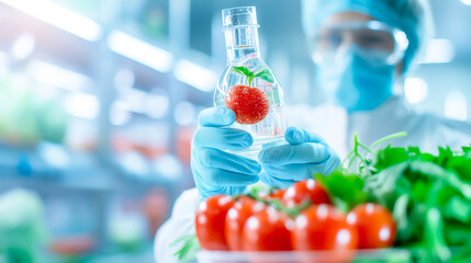 A scientist in a lab coat and gloves examines a tomato placed in a glass vial, surrounded by fresh produce in a high-tech agricultural research facility