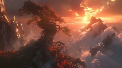 Fototapeta premium A majestic sunset over a mystical landscape with a large, ancient tree and mountains.