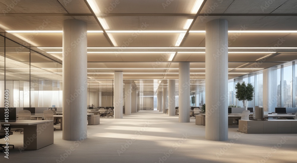 Poster a large open-plan office with rectangular white columns and light grey carpet flooring, with long ro
