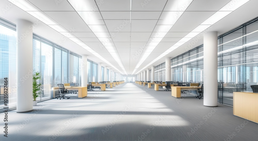 Poster an empty office space with a white ceiling and columns, a long rectangular shape, led lights on the 