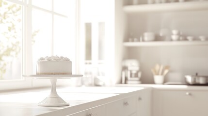 A beautifully minimal kitchen illuminated by soft, natural light streaming in from the window, creating an inviting and serene atmosphere. The white surfaces and simple design enhance the tranquil 