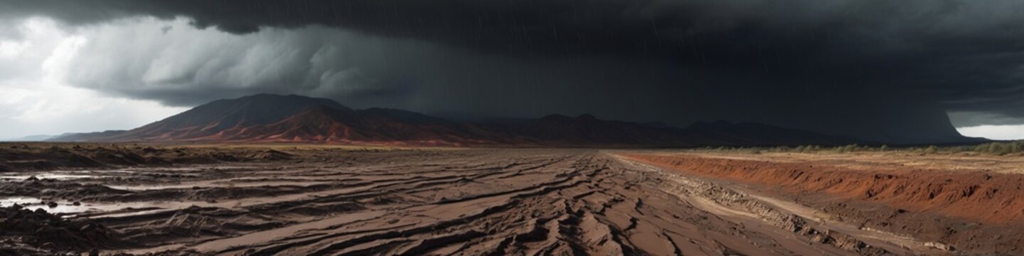 A barren landscape caught in a torrential downpour, with mudslides threatening to reshape the terrain and dark clouds looming above, creating a sense of urgency, Generative AI