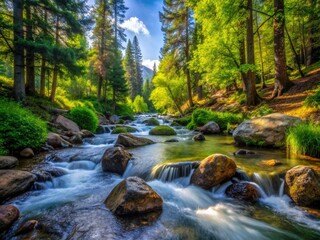 Obraz premium The enchanting spring stream winds its way through the Rocky Mountain forest, surrounded by lush greenery, painting a beautiful landscape full of life and serenity.