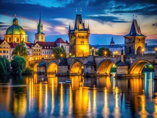 Fototapeta premium The enchanting sunrise illuminates Charles Bridge in Prague, showcasing its remarkable historical architecture, inviting all to experience the city's timeless beauty and charm.