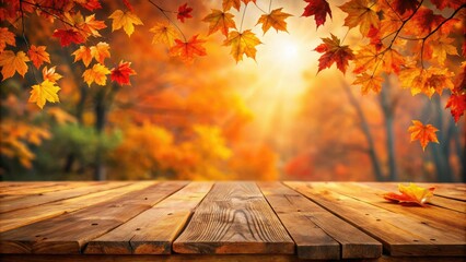 The energetic fall setting highlights orange maple leaves encircling a rustic brown wooden surface, evoking a cozy atmosphere ideal for autumn gatherings and delightful experiences.