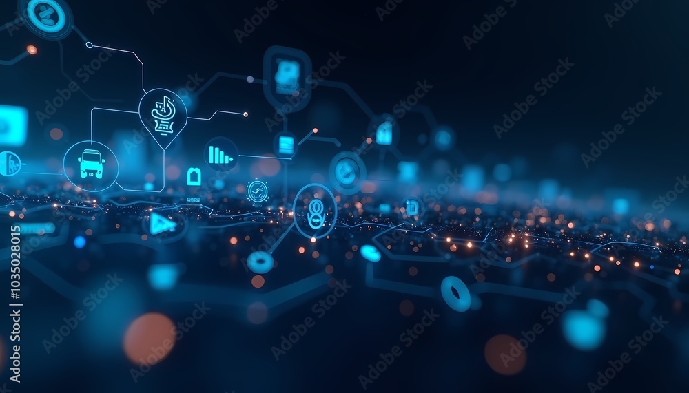 Poster futuristic network of glowing icons and connections depicting technology and digital communication o