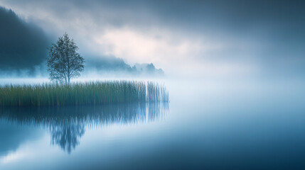 Fototapeta premium An early morning fog rising over a calm lake, creating a mystical atmosphere.